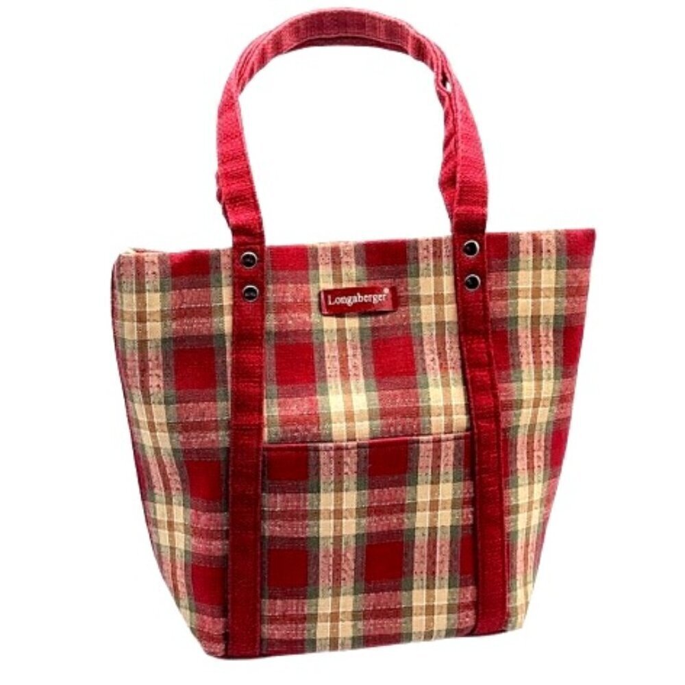 Longaberger Red Green Tan Plaid Fabric Tote Bag